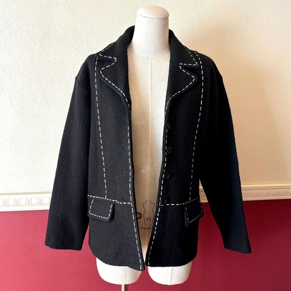 Vintage Lisa International Black Boiled Wool Jacket M Contrast Stitch Monochrome - Picture 2 of 9